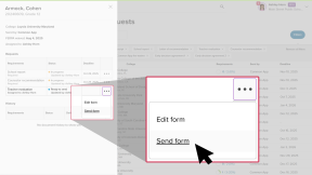 Document requests page in Xello. The side panel is open with a student's list of requests. The cursor has clicked the three-dot menu next to Teacher evaluation and is selecting Send form.